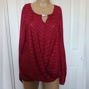 BCX Women's Rhinestone Neckline Striped Top Red Size XL.